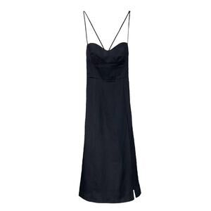 Reformation black linen maxi dress with spaghetti straps and leg slit